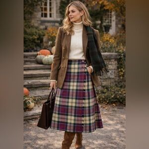 Vintage Scotland Plaid Wool Midi Wrap Kilt Skirt Purple Green UK 30